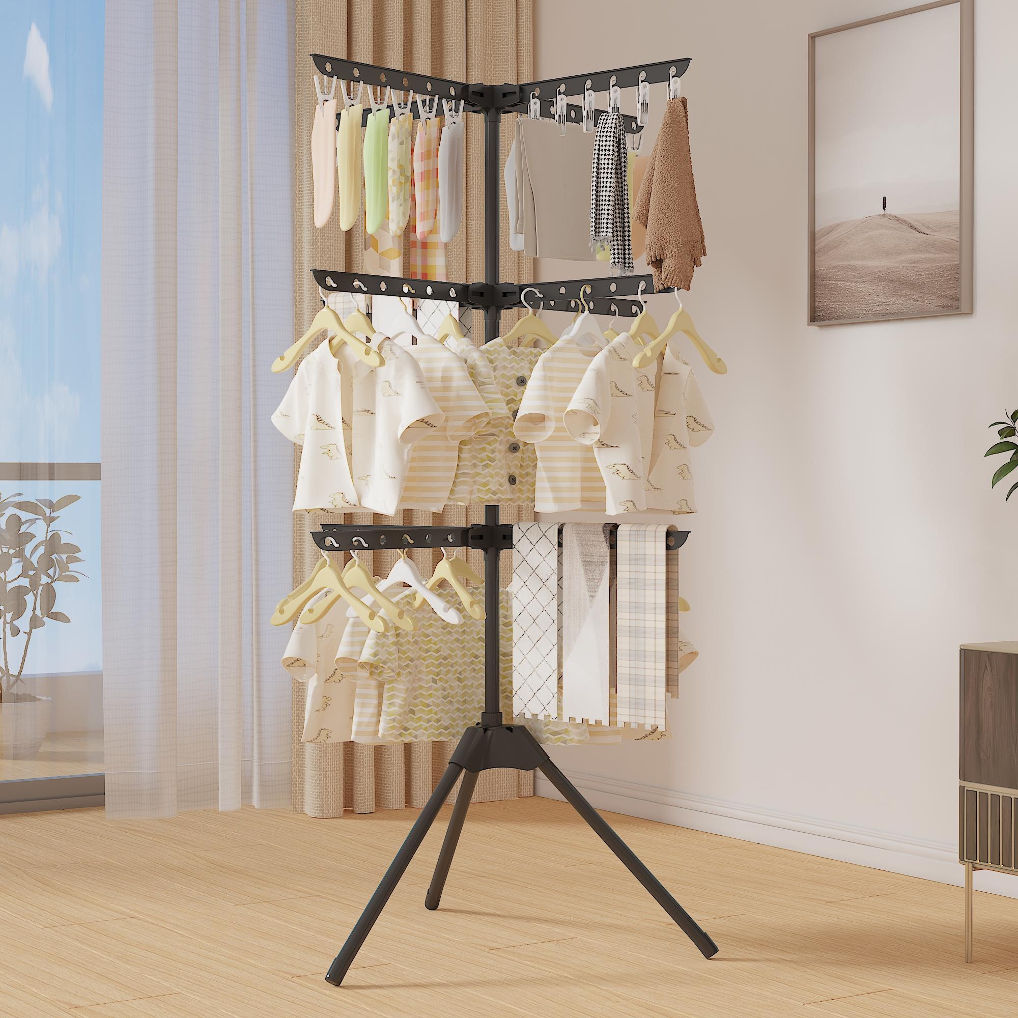 Space-Saving Foldable Tripod Clothes Drying Rack with 24 Clips, Ideal for Indoor, Poolside, RV Travel, Compact Laundry Stand, Lightweight Portability