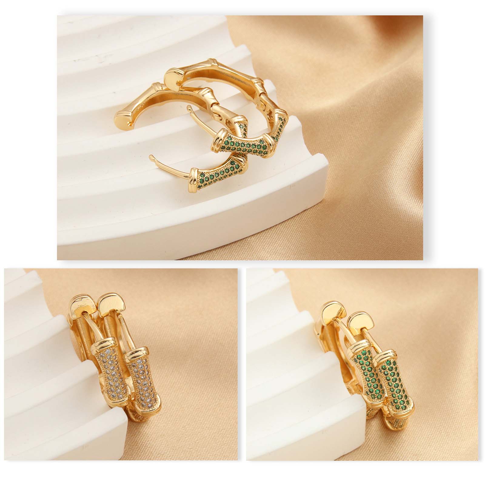 Zircon Hexagonal Bamboo Earrings Green/White Girls Daily Jewelry Gift