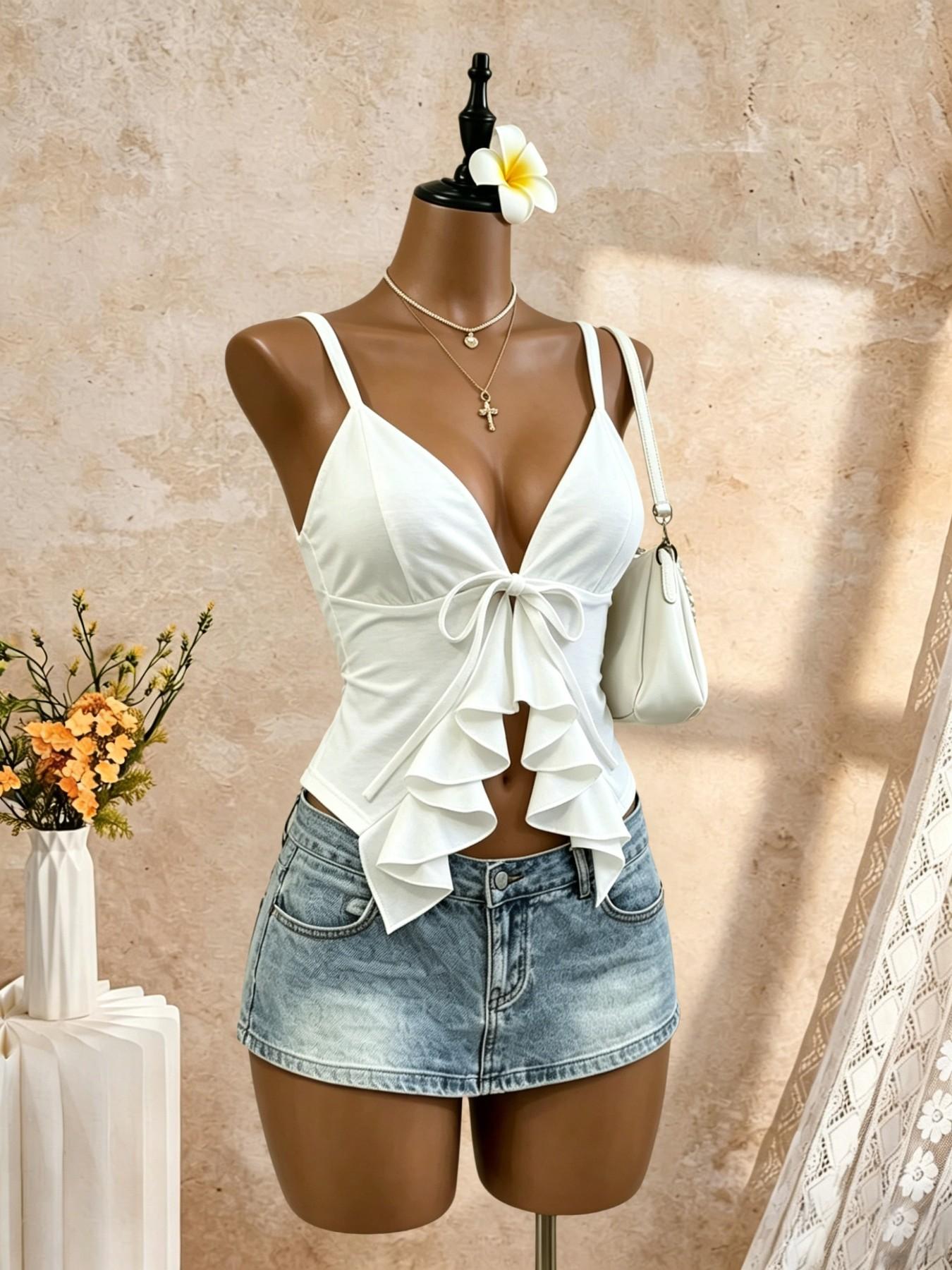 Deep V Strapless Top with Ruffle Hem, Slim-Fit Short Sleeve Design, Accentuates Waistline, Perfect for Summer Wear, Crop Tops