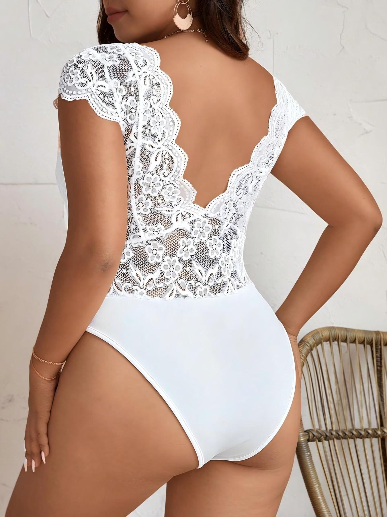 Women's Plus Size White Lace Bodysuit, Scallop Trim V Neck Cap Sleeve One Piece, Fitted Going Out Bodysuit for Date Night, Bridal Shower, Vacation, Honeymoon, Birthday, Party, Brunch, Resort Wear, Soft Girl Spring Summer Outfits, Elegance