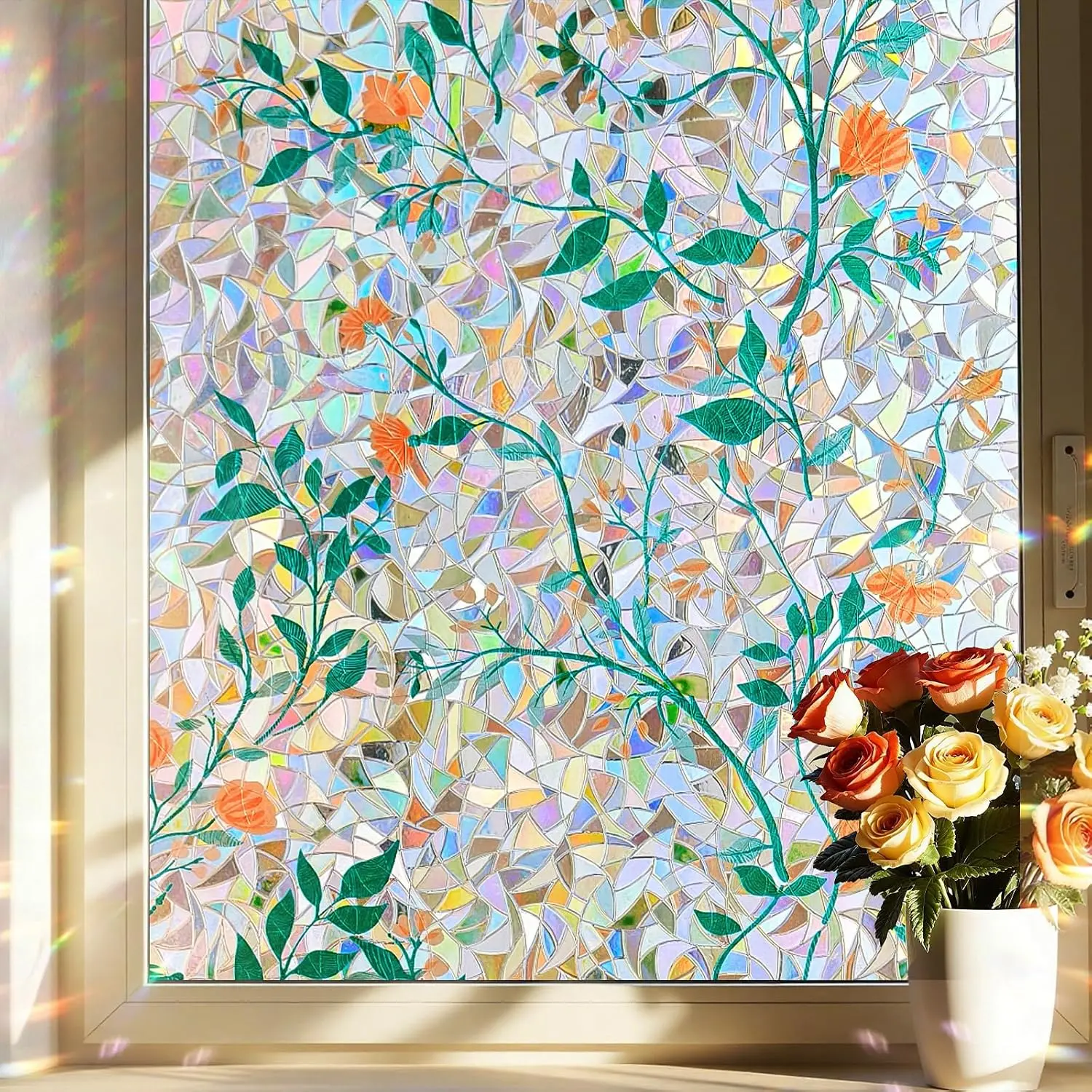 Rainbow Window  Film, Stained Glass Cling, 17.5" x 78.7" | Decorative Window Tint for  Kitchen Living Room, Removable, Non-Adhesive, Anti-UV, Orange Blossom