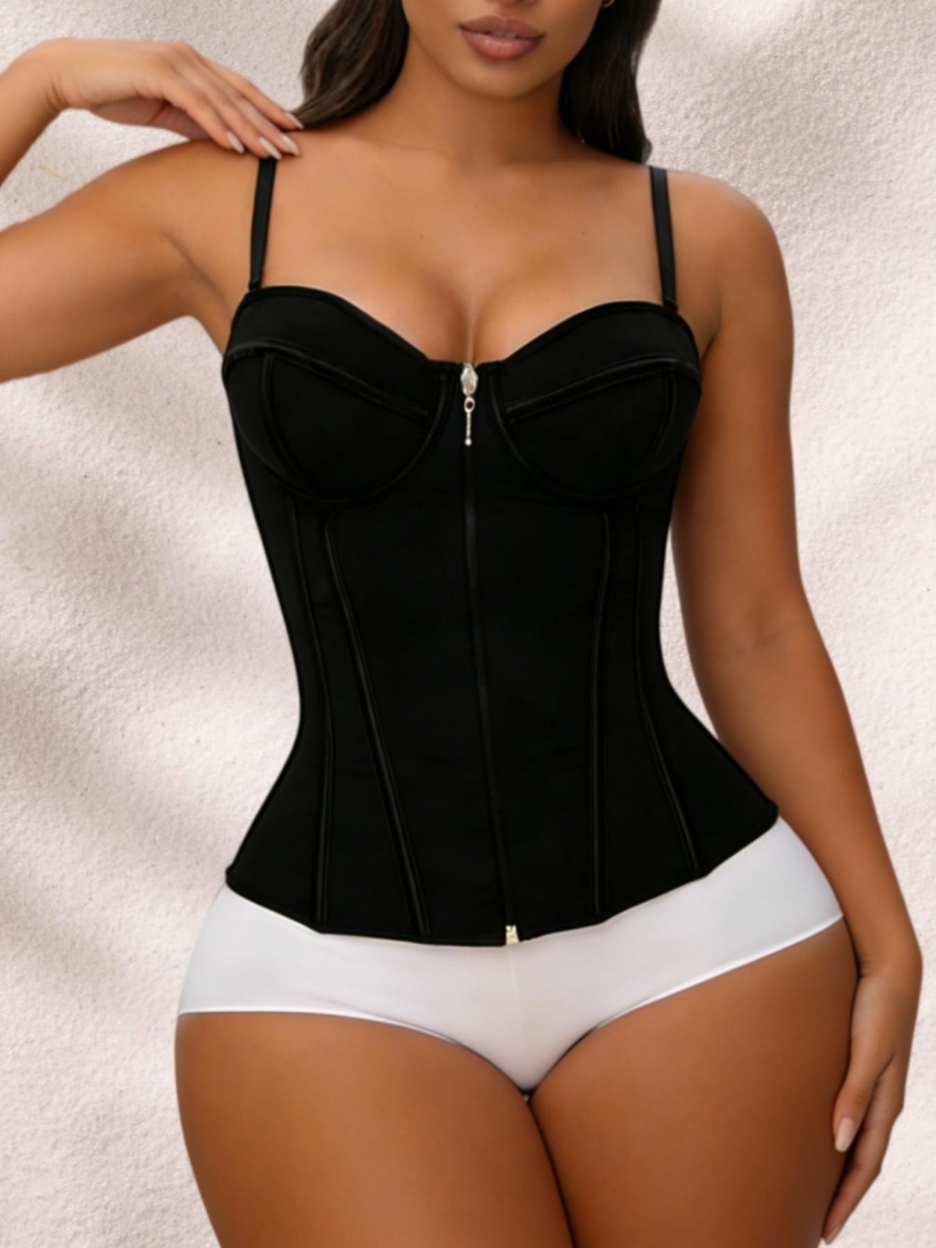 Lady's Solid Adjustable Spaghetti Strap Steel Bone Shaperwear Tops, Adjustable Zipper Shapewear, Waist Trainer, High Support Tight Fitting Zipper Closure Corset, Girdle, Suitable for Daily Wear Or Valentine's Day