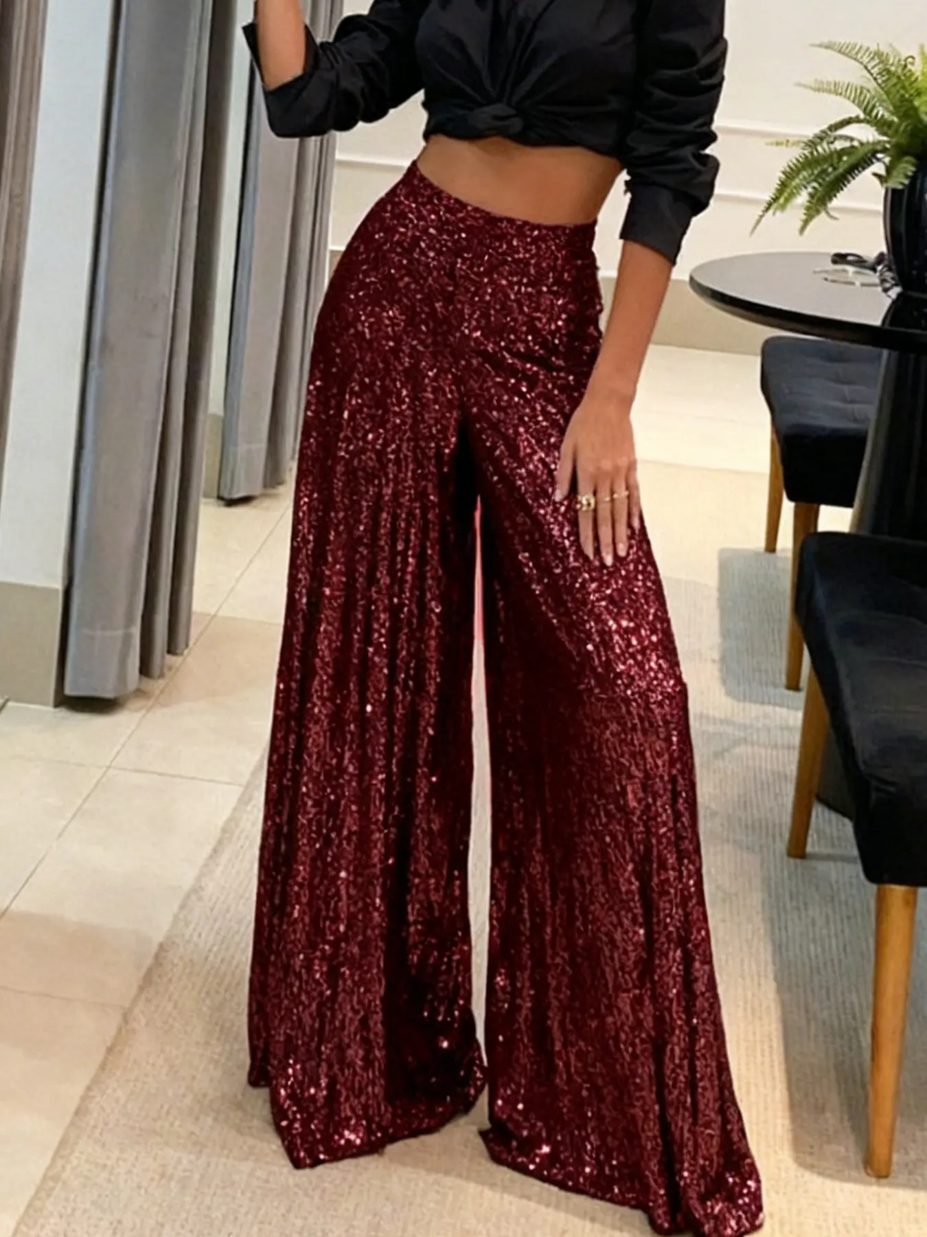 1 piece women's wide leg pants, Loose legged pants, loose flowing fit, waist elasticity, sequin, autumn winter new styles, suitable for daily, dinner parties, Christmas
