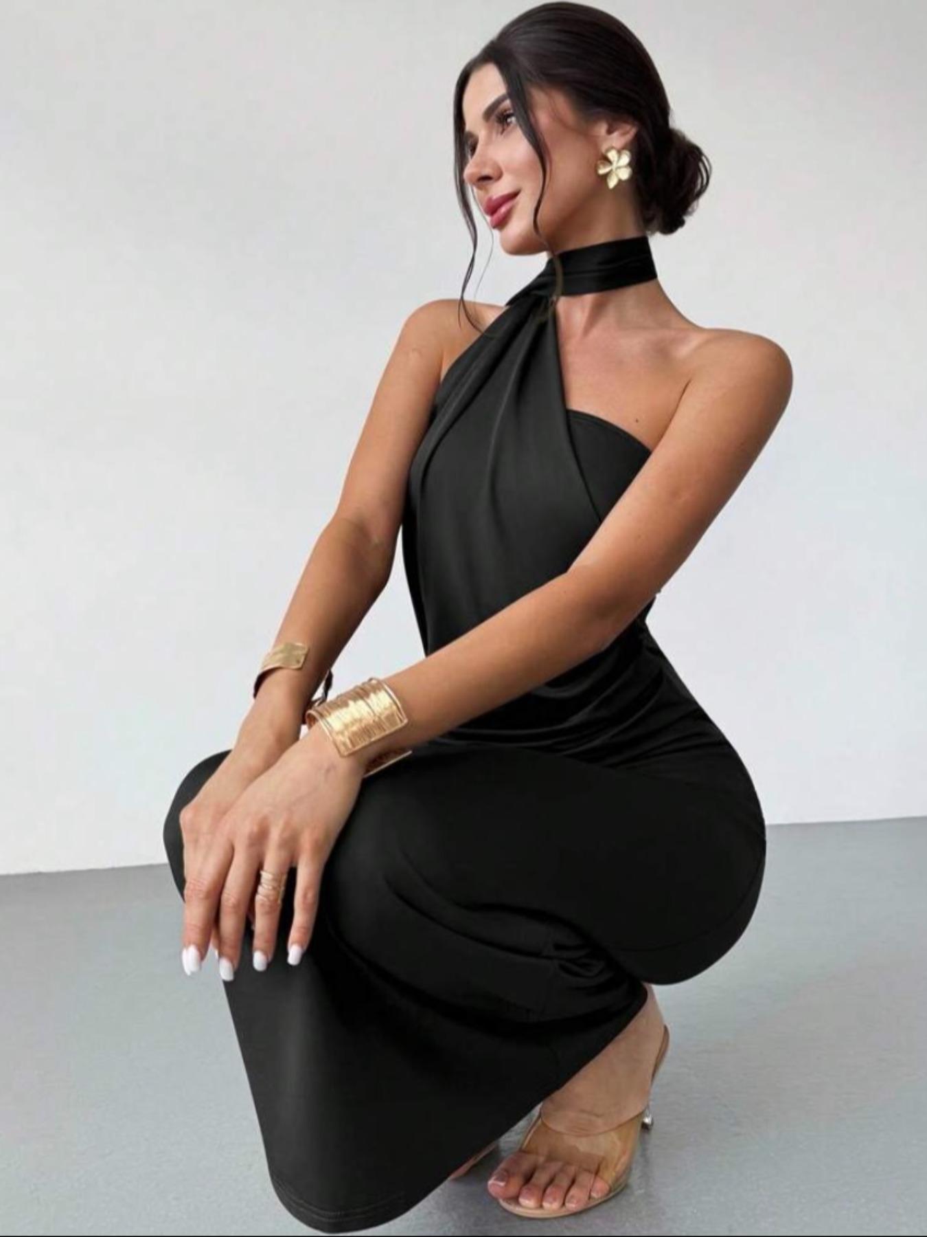 Elegant Backless Bodycon Dress, Unique Cross Neck Design, Flattering Wrinkles Detailing, Perfect for Evening Out & Street Style