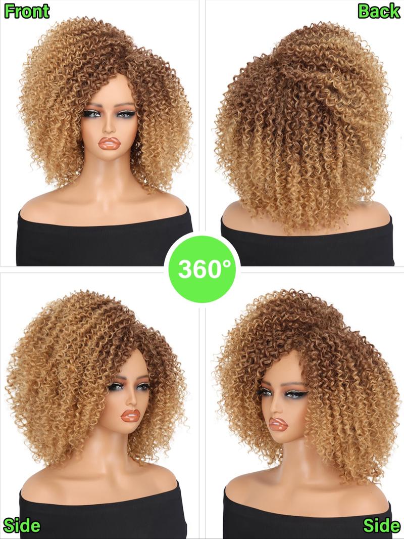 Kinky Curly Wigs Side Part 14 Inch Afro Curly Wig for Black Women Ombre Blonde Brown Twist Out African American Synthetic Material Wigs
