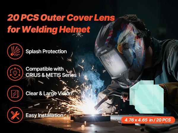 VEVOR Heat Resistant Arc Welding Helmet Outer Cover Lens, 20PCS 4.76in x 4.65in Quick Installation Outside Replacement Covers for VEVOR CRIUS/METIS Series Auto Darkening Helmets