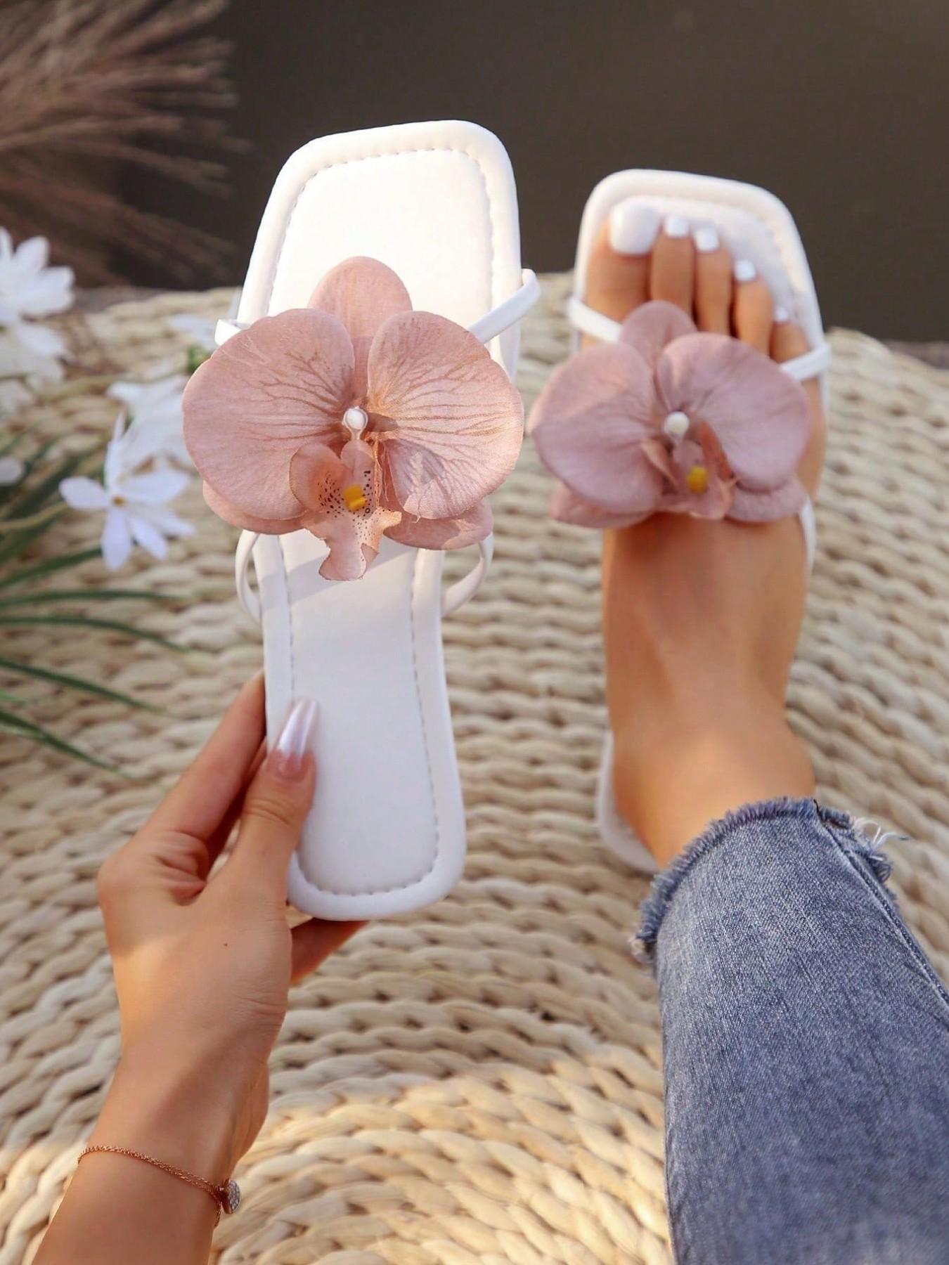 French Flat Flower Elegant Floral Design Sandals for Women, Summer Fashionable Square Toe PVC Shoes, Perfect for Parties, Beach, and Daily Wear, Flat Sole Sandals