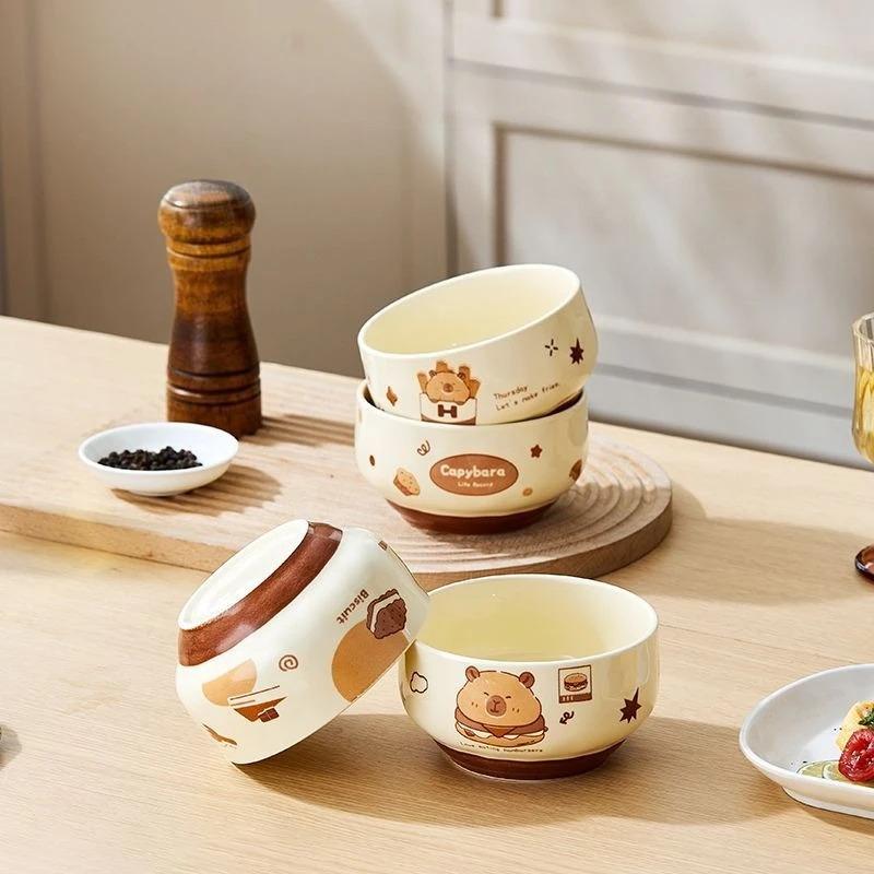 4 Pcs Cute Kapibala Ceramic Bowl Cartoon Anti-scald Soup Bowl Home Kitchen Noodle Ramen Tableware Bowl