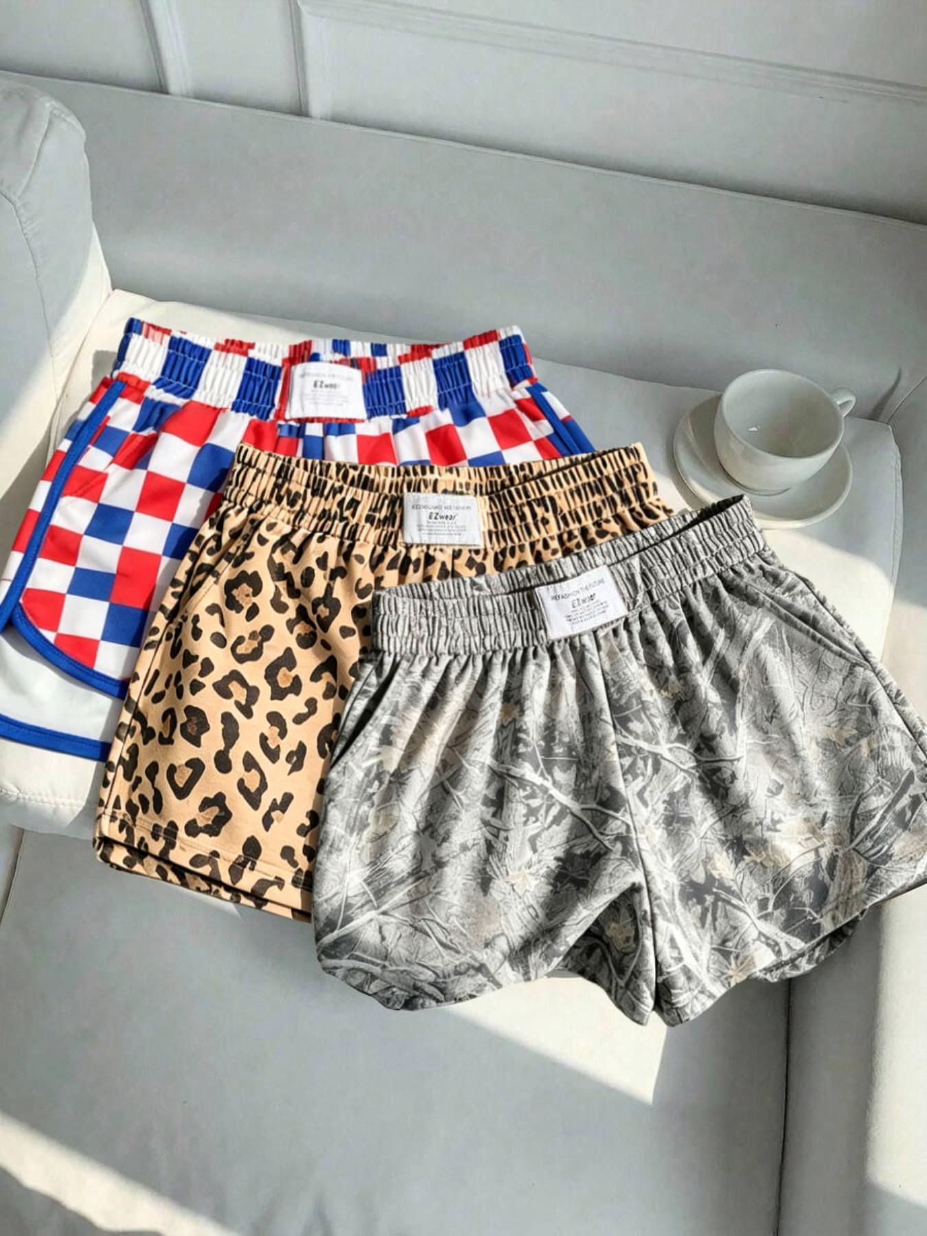 Women's Summer Leopard and Plaid Print Athleisure Casual Shorts, Comfortable Loose-Fit Athletic Bottoms for Yoga and Daily Activities