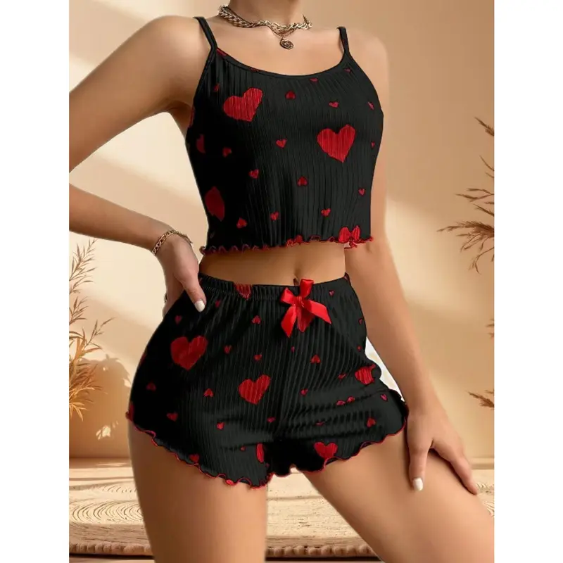 Women's 2-Piece Underwear Sets - Soft Lightweight Lingerie, Polyester Mix Camisole with Spaghetti Straps, Hearts Print Bow Detail Boyshorts, Normal Type Summer Daily Wear