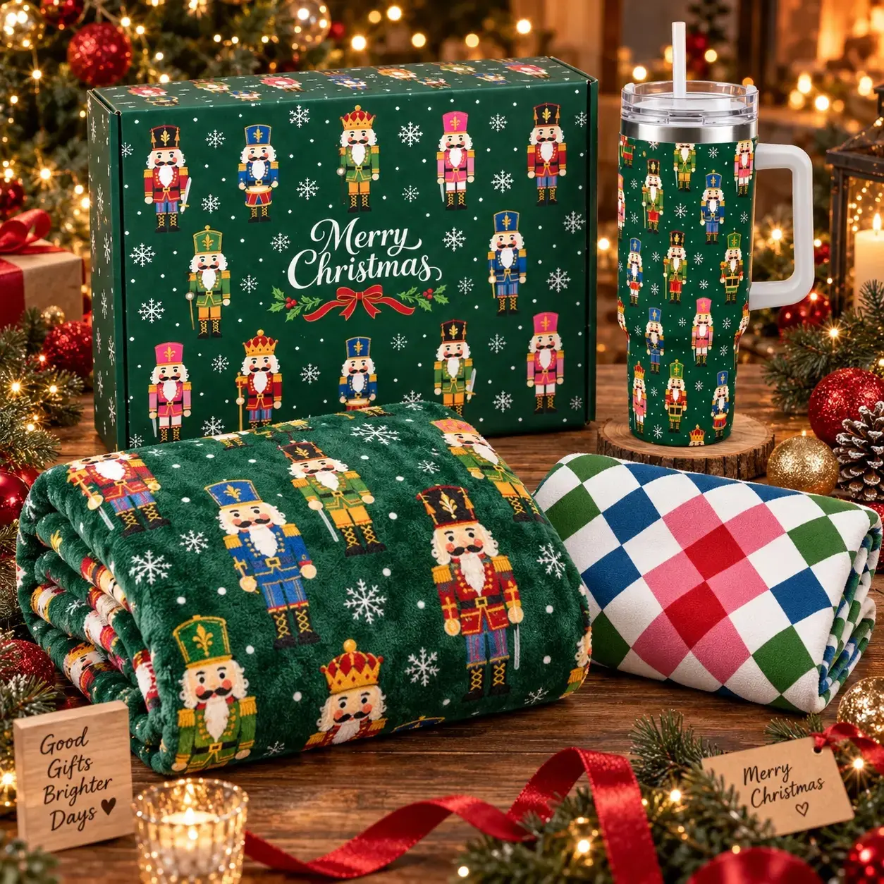 Christmas Gifts for Women Men, Nutcracker Gift Set Includes Plush Throw Blanket, Insulated Car Cup with Lid and Straw, Christmas Beach Towel, Merry Christmas Gift Box for Kids Teens Nutcracker Lovers, Stocking Stuffers