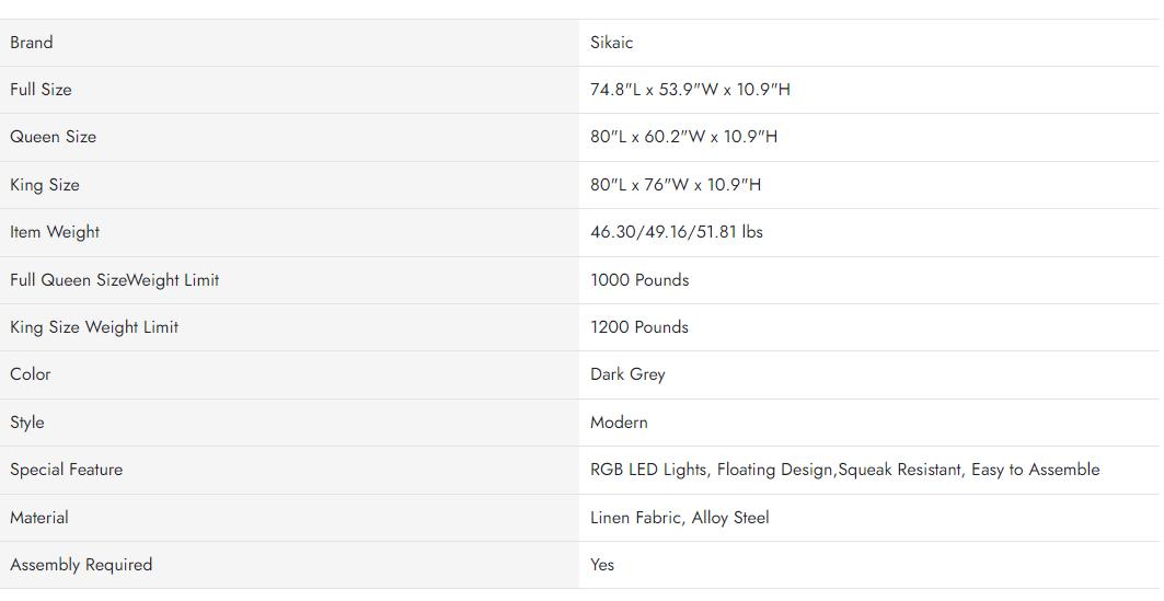 Sikaic Floating Bed Frame Linen Upholstered Platform With LED Lights Underbed Storage Space Dark Grey Angersbed Modern Headboard Unique Bedroom Furniture