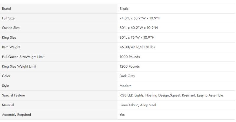 Sikaic Floating Bed Frame Linen Upholstered Platform With LED Lights Underbed Storage Space Dark Grey Angersbed Modern Headboard Unique Bedroom Furniture