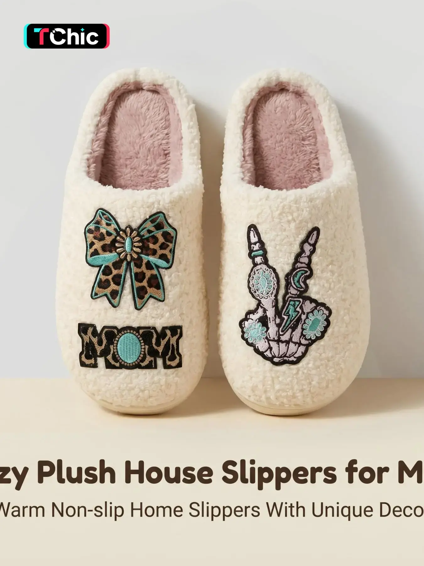 Western MOM Embroidery Closed Toe Slippers For Mom, Leopard Bow & Cowboy Hand Patch Fuzzy House Slides, Non-Slip Quiet Soft Plush Indoor Footwear, Fuzzy House Shoes, Mother's Day Gift, Lightweight Cozy Indoor Slippers For Bedroom, Multiple Colors