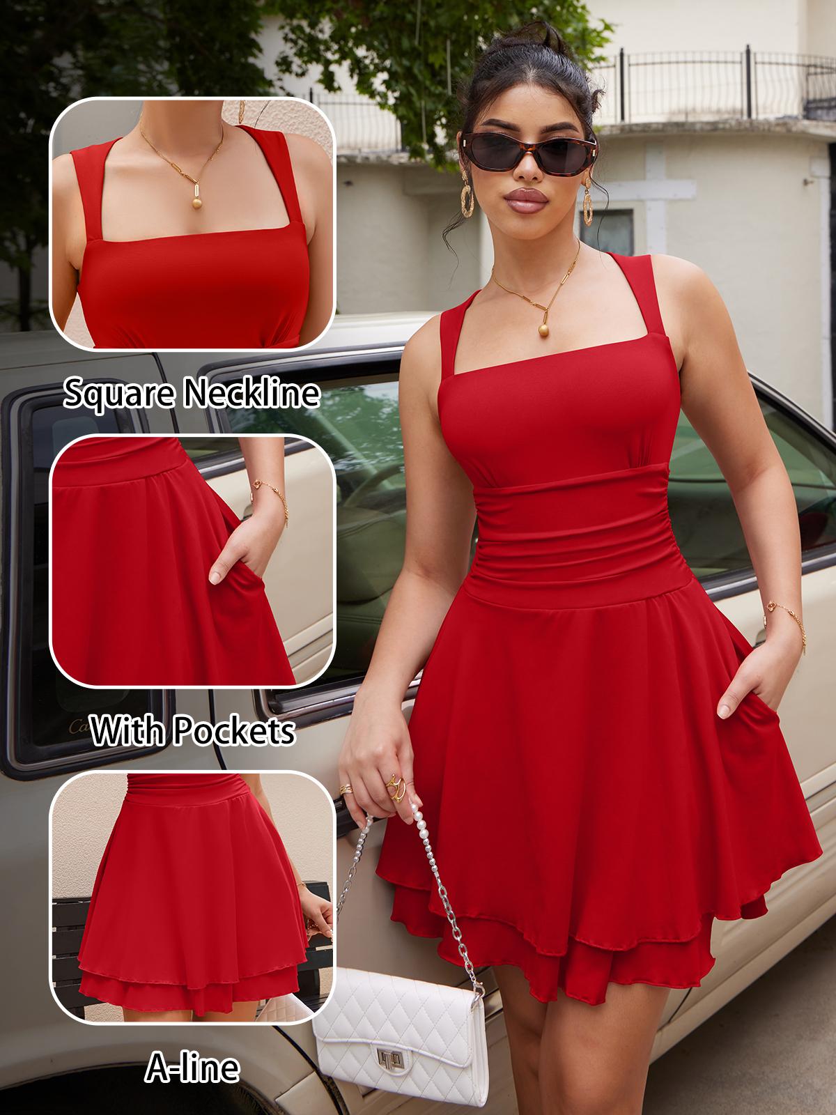 OYV Women's Square Neck Sleeveless Bodycon Ruched Waist Flowy A-Line Ruffle Hem Mini Dress with Pockets