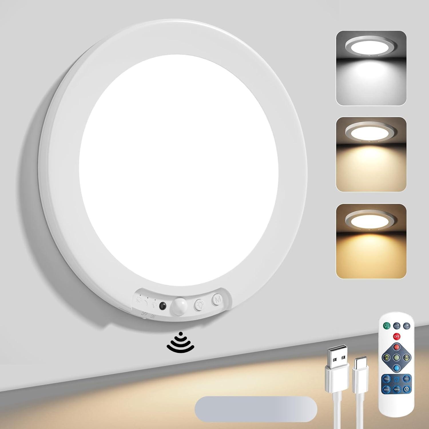 Battery-Powered Motion Sensor Ceiling Light, Rechargeable Magnetic Closet Lamp, Wireless LED Shower Light, Adjustable Colors, Indoor Use