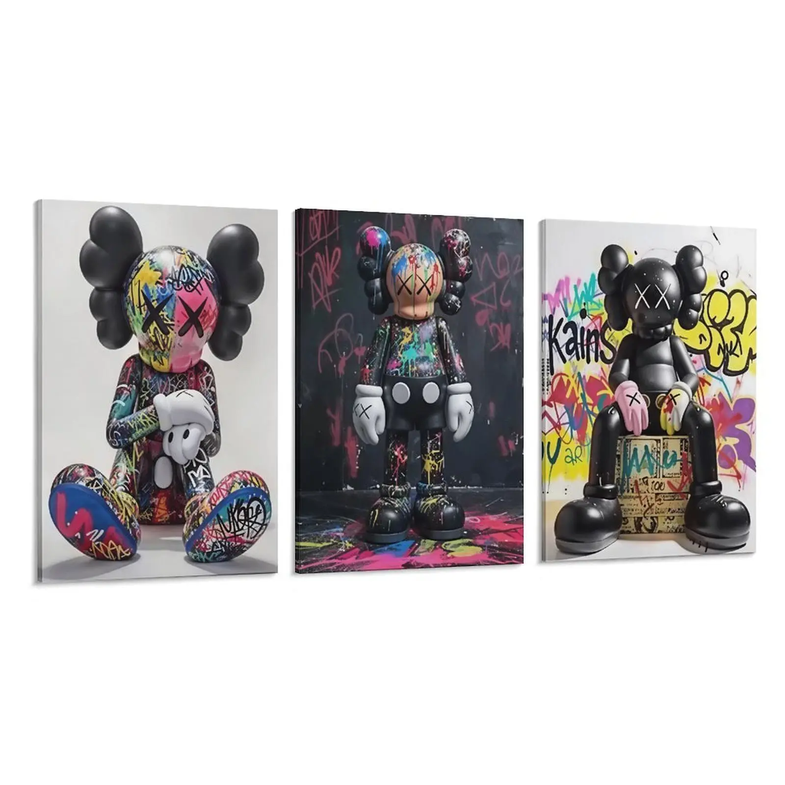 3-Piece Artistic Minimalist Graffiti Figure Poster Set - Urban Modern Street Art Printed Posters, Black & Colorful Logo Patterns, Synthetic Pine Wood Artistic Graphic Prints, Wall Decor for Living Room, Home & House Decoration Supplies