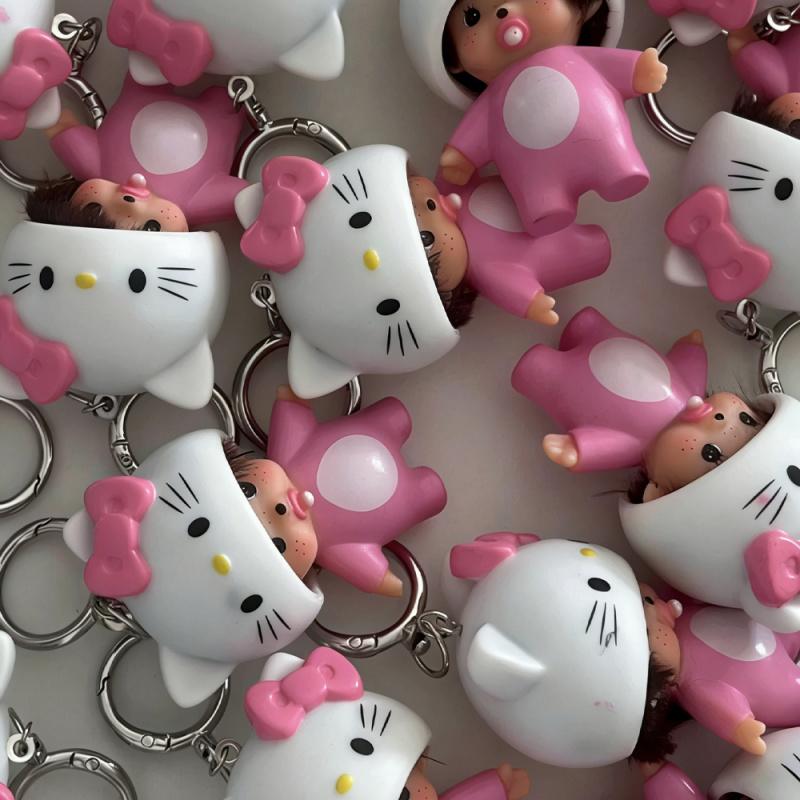Hot-selling cute Hello Kitty and Monchhichi plush keychains, soft rubber 3D pendants, student schoolbag ornaments, car keychains, couple birthday gifts, creative cartoon merchandise, and girly accessories