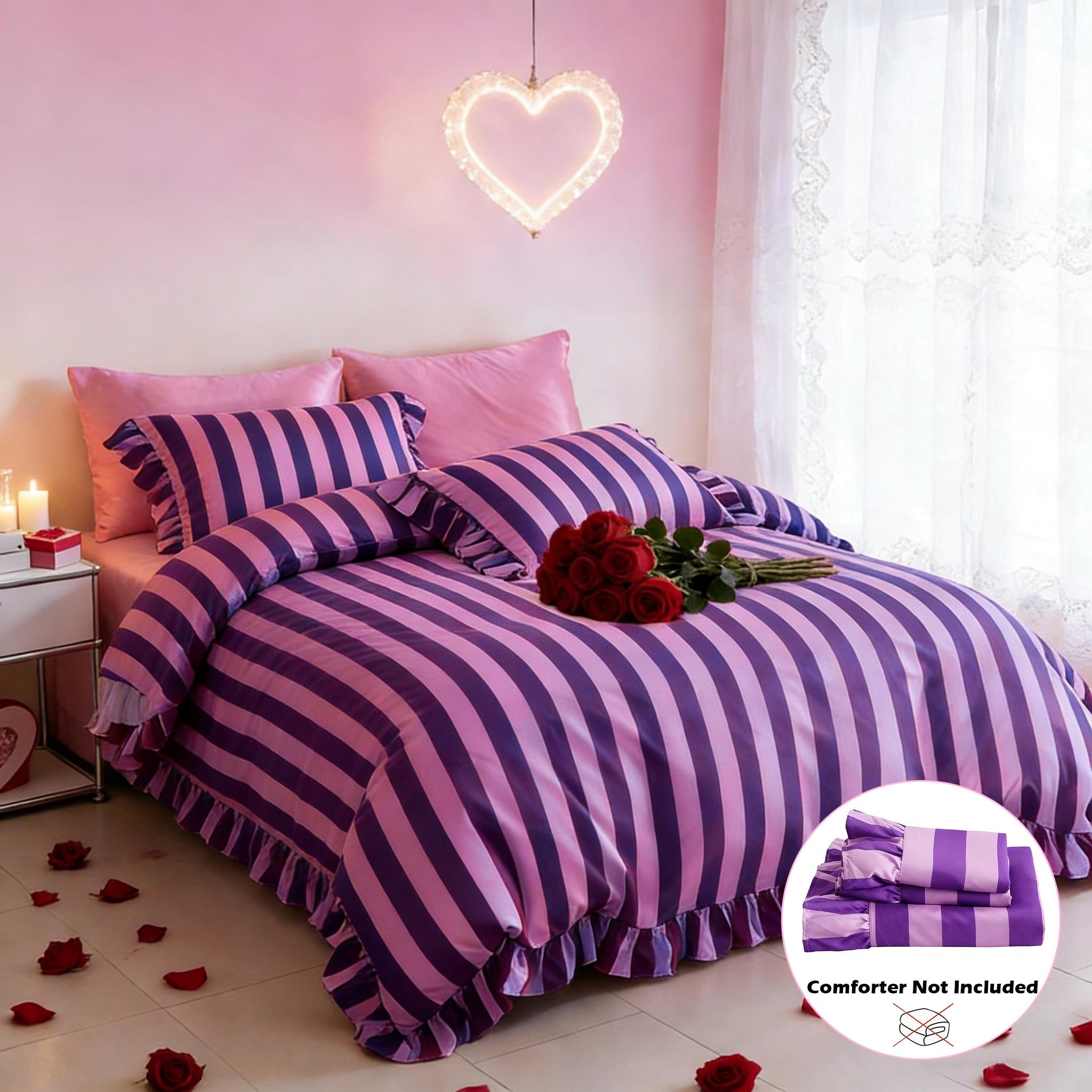 Striped Print Ruffled Soft Bedding Set, Includes 1 Duvet Cover + 2 Pillowcases, Inserts Not Included Stylish Cozy Bedding for Couple Bedroom, Ideal Valentine's Day Gift