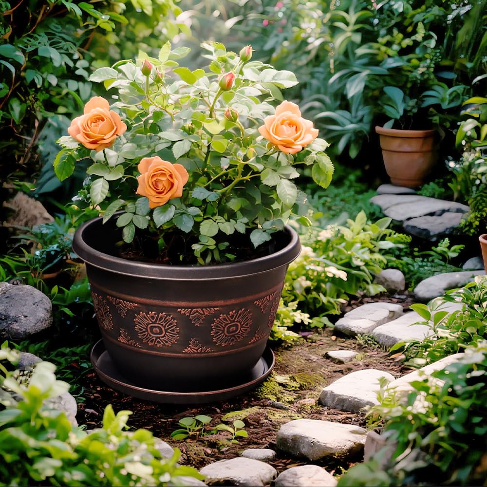 4 Pack 10 inch Plant Pots, Retro Pattern Planters with Drainage Holes and Saucer, Sturdy Plastic Garden Flower Pots for Indoor & Outdoor Plants