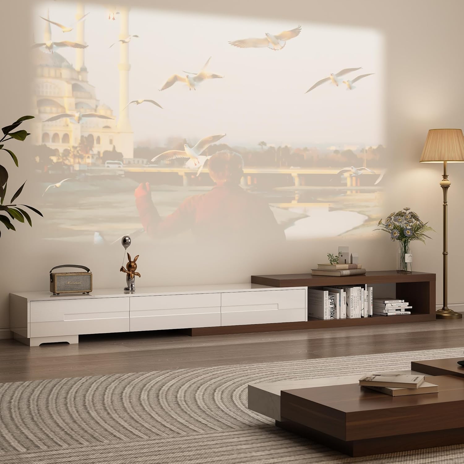 Extendable TV Stand for TVs up to 120", Wood Reversible Entertainment Center with 3 large Drawers, Extendable TV Media Console for Living Room,Bedroom