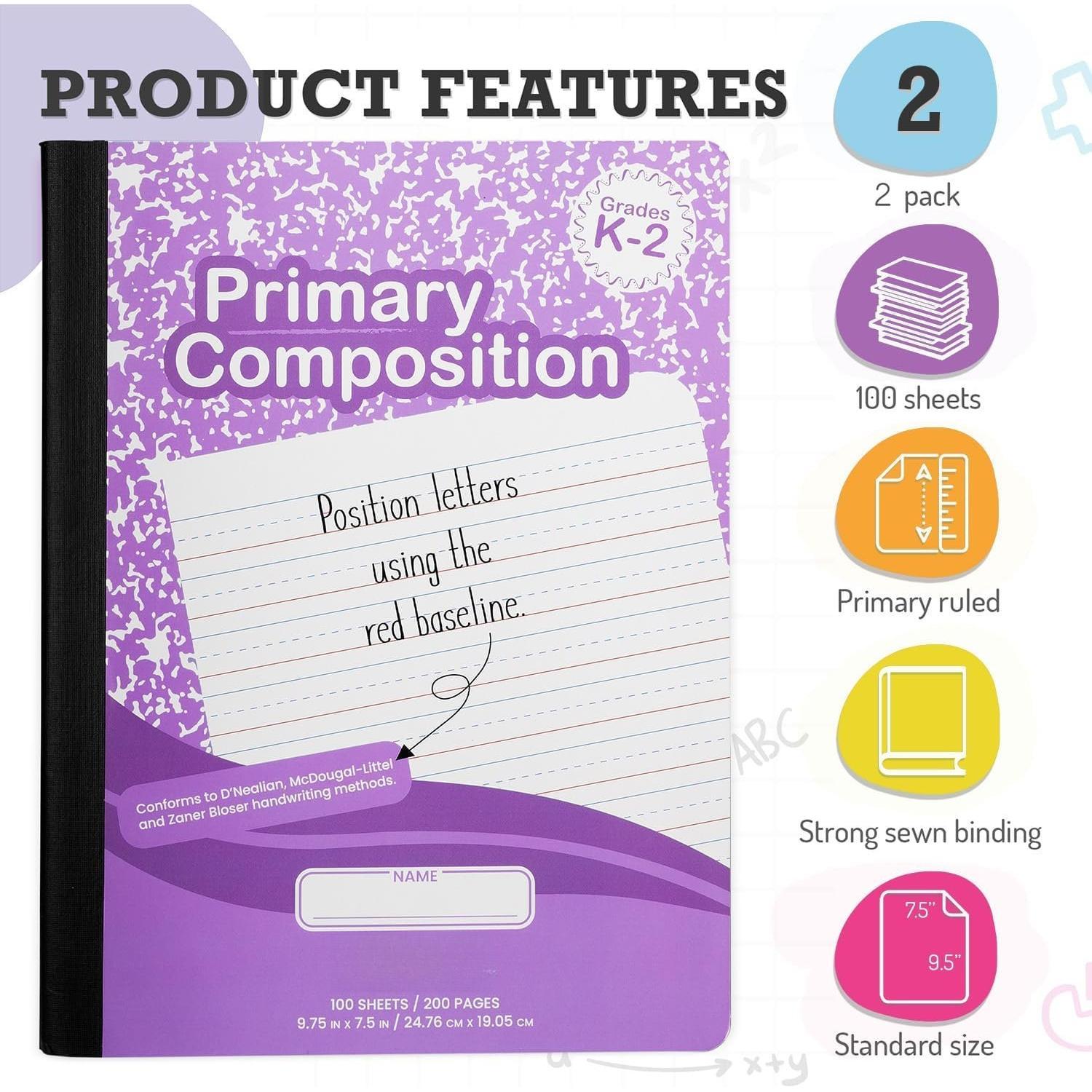 Primary Composition Notebooks K-2-2 Pack, 200 Pages (100 Sheets) Primary Composition Notebook for  - 9-3/4 x 7-1/2 - Primary Ruled, 2 Pack