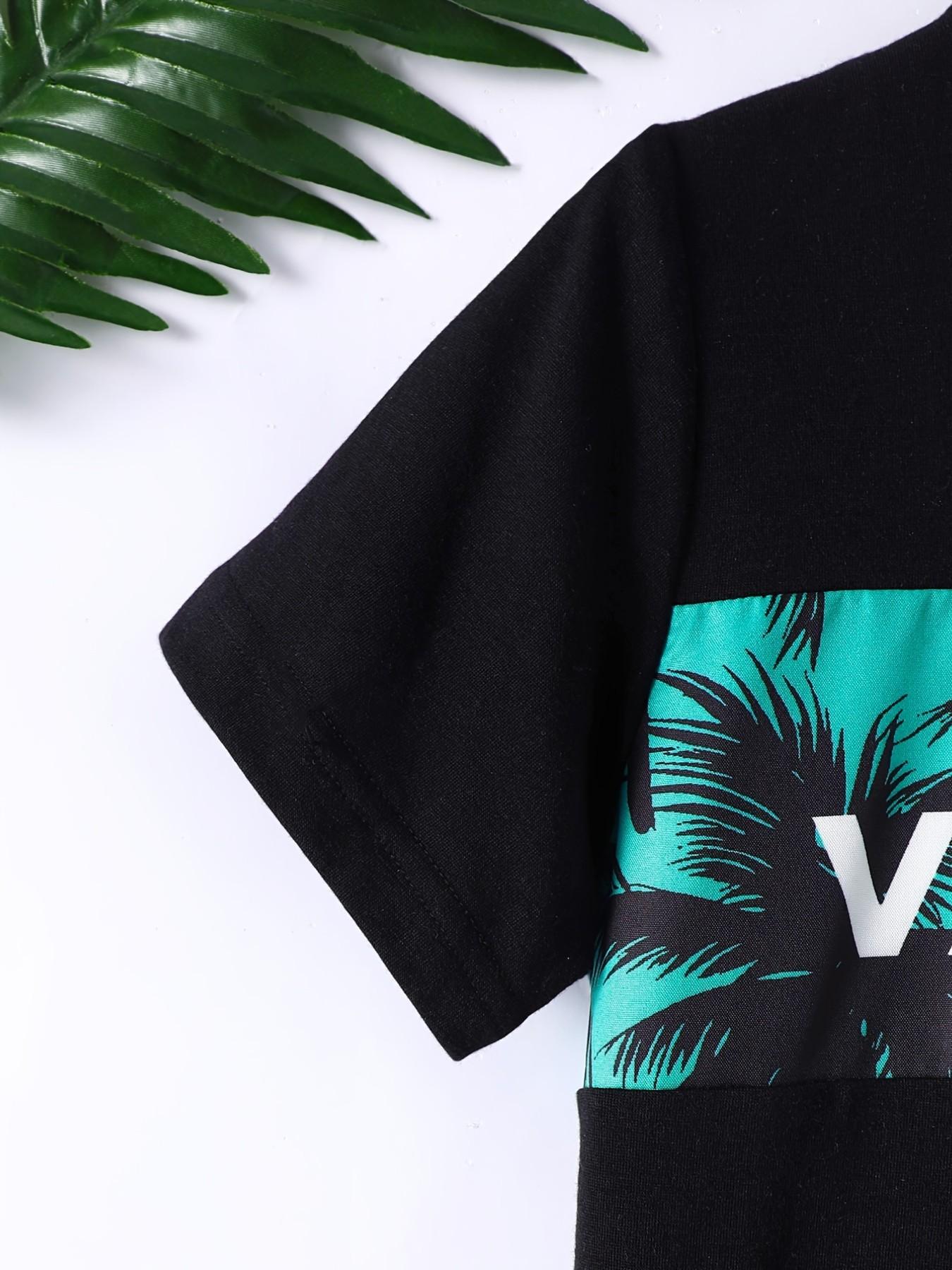 Boys 2-Piece Tropical Palm Tree Print Set, Clothing Sets, Outfit, Casual Fitted Short Sleeve T-Shirt and Track Shorts for Outdoor Play, Stylish Kids Clothing