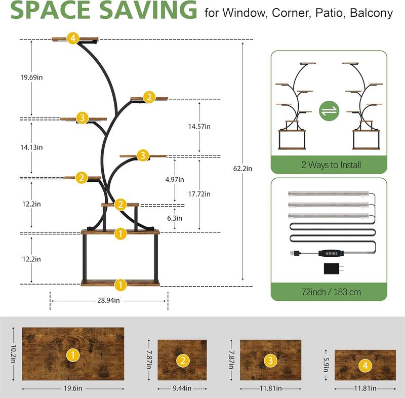 POZILAN Plant Stand Indoor with Grow Light, 8-Tiered Tall Plant Stands for Indoor Plants Multiple, Metal Plant Shelf Display Rack Holder, Flower Stand for Indoor Plants, Living Room, Garden, Patio