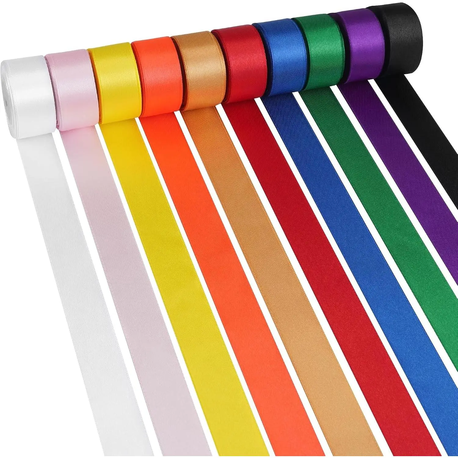 1 Inch Rainbow Ribbon Double Faced Stain Ribbon Solid Color Assorted Fabric Ribbon for Crafts,Gift Wrapping,Hair Bows,Wedding Party Decor,Floral Arrangement - 10 Rolls,Total 100 Yards