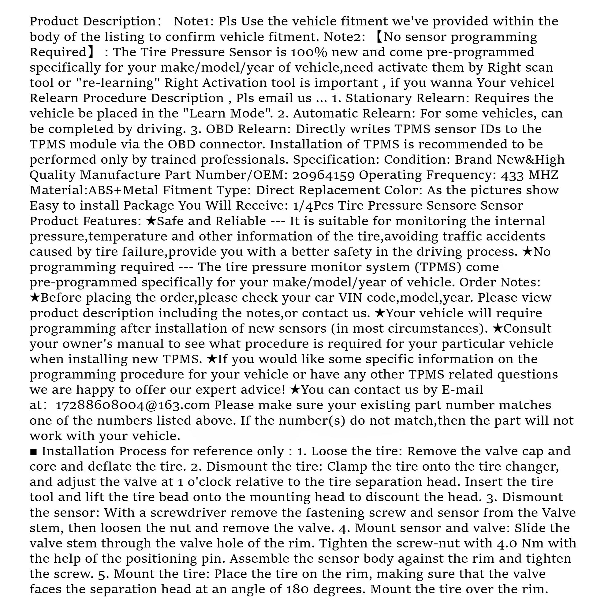 1Pcs/4Pcs OEM#20964159 #433MHZ TPMS/Tire Pressure Sensor For:#BUICK(ENCLAVE ENCORE-GX LACROSSE REGAL) #CADILLAC(ATS CT6 CTS ESCALADE SRX XT4 XT5 XT6) #CHEVROLET(BLAZER CAMARO CAPTIVE CRUZE IMPALA MALIBU SILVERADO TRAILBLAZER TRAX VOLT) #GMC #OPEL...