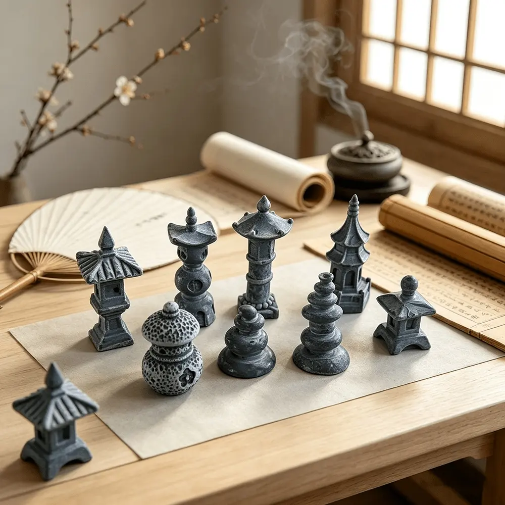 8 pieces of multi shaped miniature landscape ornaments, including miniature models of pavilions, towers, and lanterns, suitable for manual DIY scene assembly, simple retro style