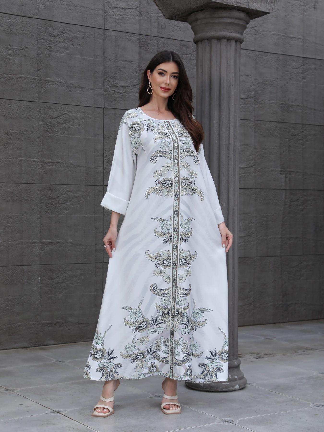 Elegant Muslim Women's Kaftan Dress, High-Density Rhinestone Embellished Print Long Robe, Cross-Border Fashionable Evening Gown
