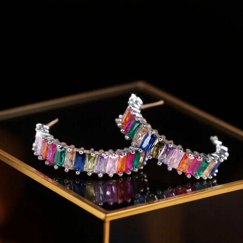 Women's Silvery-Plated Multicolored Rainbow Cubic Zirconia Baguette Cut Open Hooped Half Hoop Earrings, Lightweight Female Everyday Wear Costume Jewelry