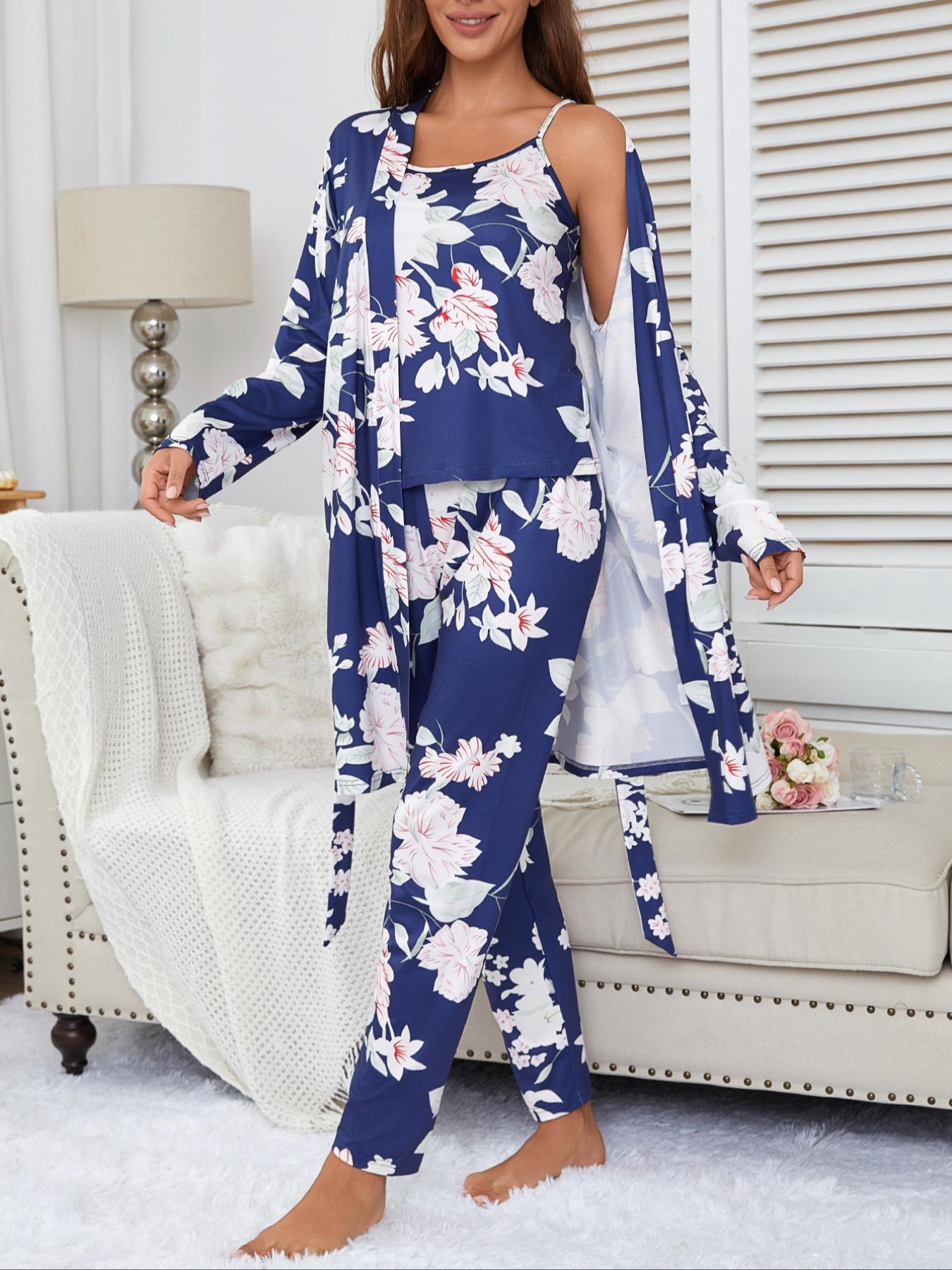 Women's Floral Print Strap Pants Set, Casual Fitted Sleepwear with Belted Long Sleeve Robe, All Season Comfortable Loungewear