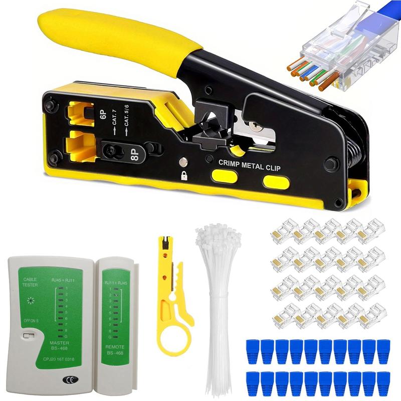 RJ45 Crimp Tool Kit All-in-One Ethernet Crimper Cat7 Cat6 Cat5 Crimping Tool with Network Cable Tester, 20pcs Cat5 RJ45 Pass Through Connector, 20pcs Connector Boots for Home Office Network Connect