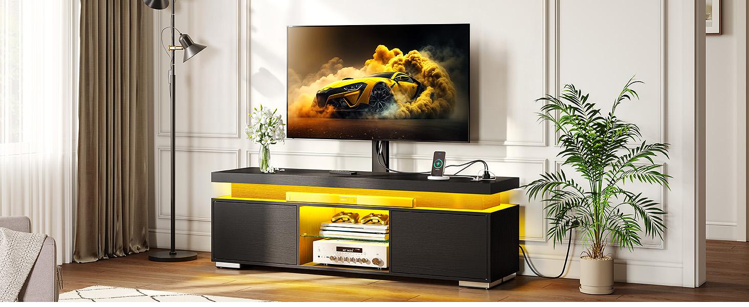 DWVO TV Stand for Living Room with Mount&Power Outlet,for 55/60/65 inch TVs, Led Entertainment Center with Storage, TV Cabinet Height Adjustable Black