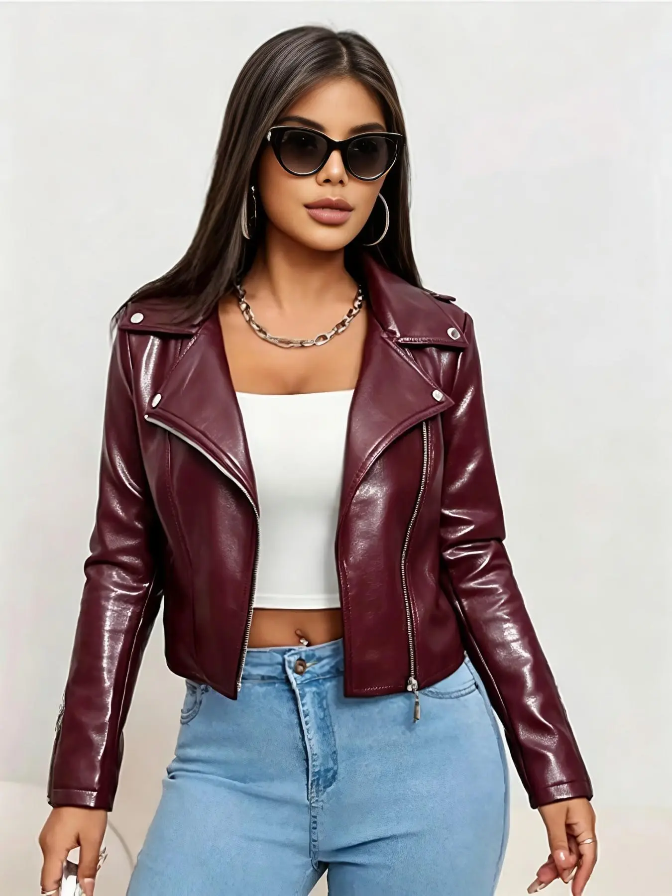 Y2K Women's Faux Leather Motorcycle Jacket, Stand Collar Zipper Short Coat, Slim-Fit Plain Design, Fashionable Outerwear