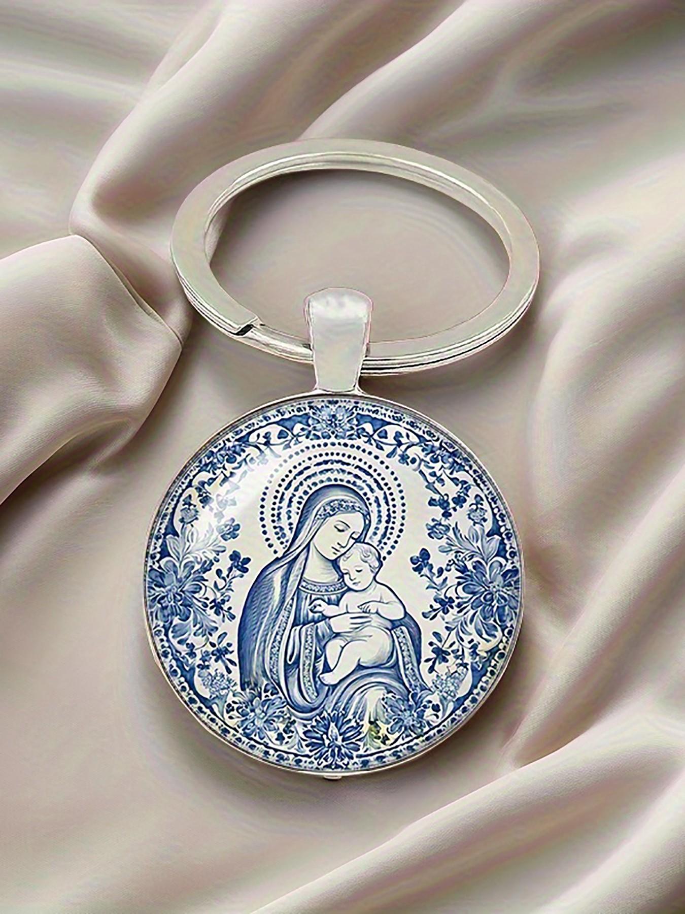 Elegant Round Convex Glass Keychain, Alloy Material with Cartoon Pattern, Perfect for Christmas, Easter, and Ascension Day, 1 Piece Set