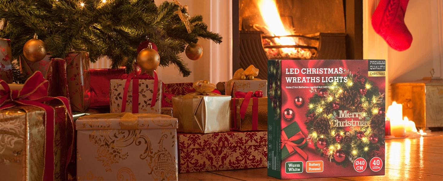 Christmas Wreath Light 16 Inch Christmas Front Door Wreath with Festive Holidays Decor for Indoor & Outdoor Fireplace Window Decor Ornaments Decoration Artificial Christmas Wreath for Front Door, Window, Fireplaces