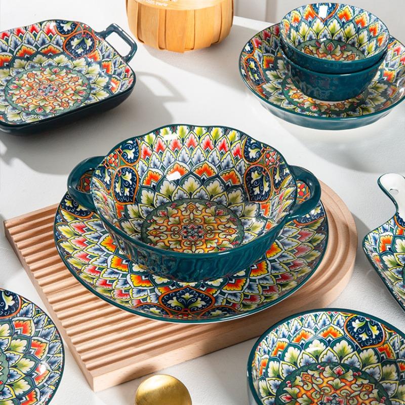 4-Piece Bohemian Ceramic Tableware Set, Hand-Drawn Ethnic Style Bowls and Plates, Creative Home Dining Essentials, Ceramic Dinnerware Sets, Non-Bone China