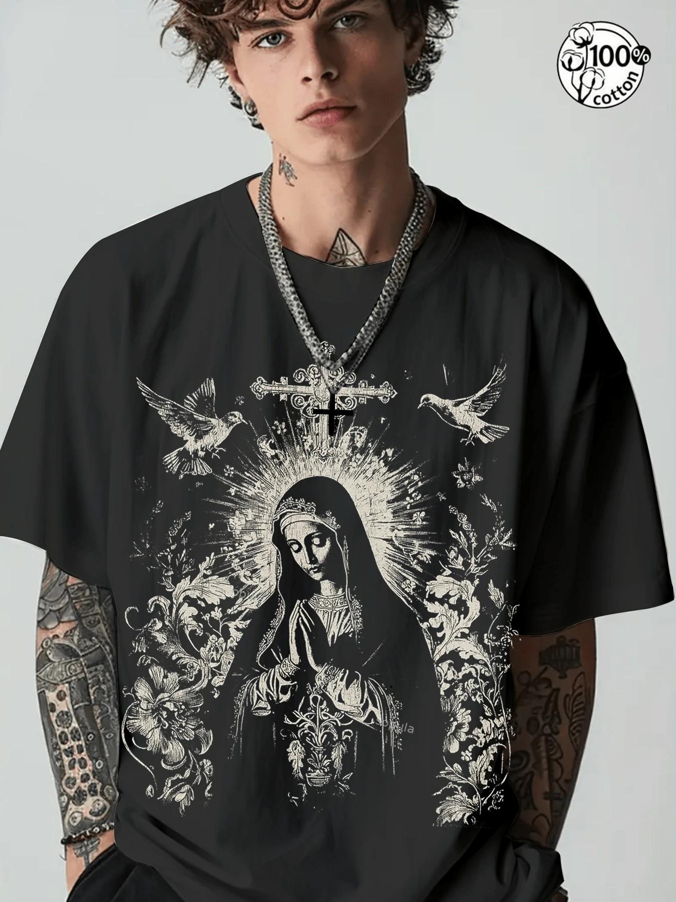 Unisex 100% Cotton Vintage Virgin Mary Religious Graphic Oversized T-Shirt | Y2K Gothic Dark Aesthetic High Street American Retro Streetwear Top