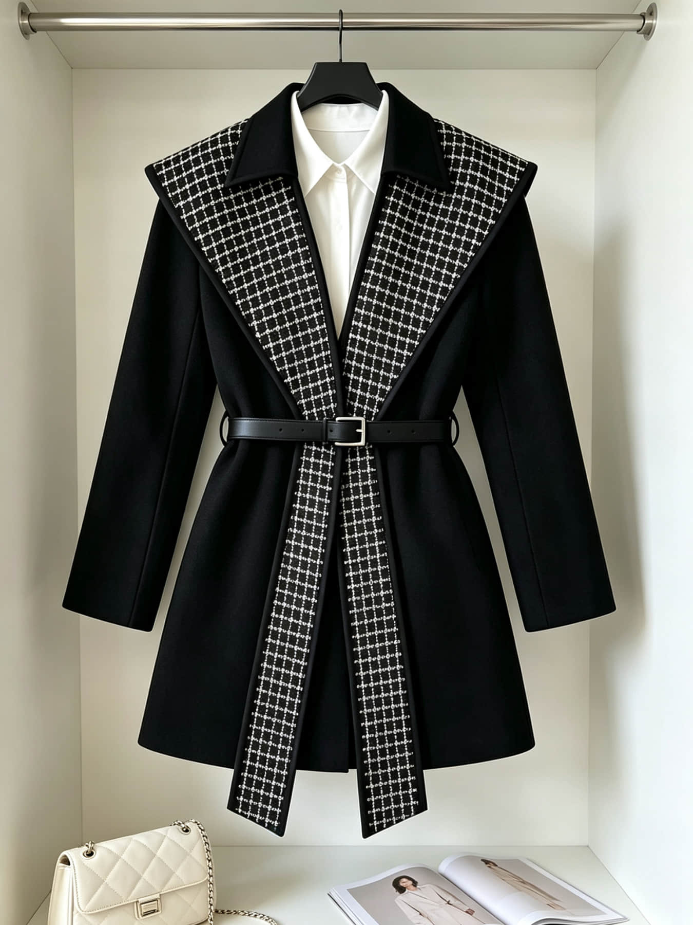 A stylish black women's coat with waist-cinching design, belt, and lapel, suitable for autumn and winter, perfect for office wear, daily dates, and outdoor outfits