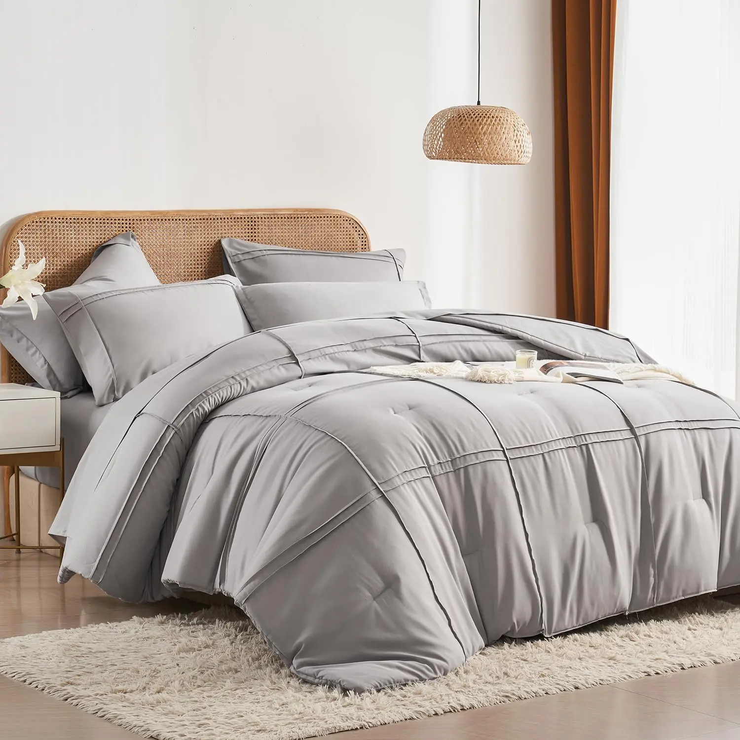 King Size Comforter Set 7 Piece Bed in a Bag,Grid Pleat Grey Bedding Set,Striped Textured Soft Microfiber Comforter with Sheet Set,All Season Complete Bed Set(Grey,King)