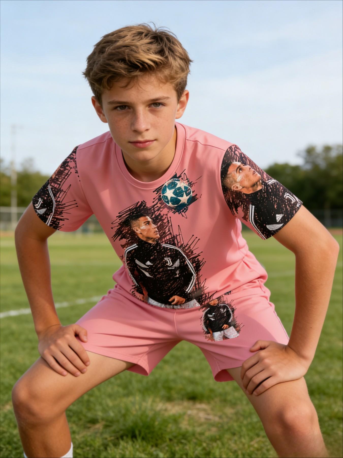 Boys' Base Juventus C Ronaldo Graffiti Print T-Shirt and Track Shorts, Casual Summer, Party, Vacation, School Wear