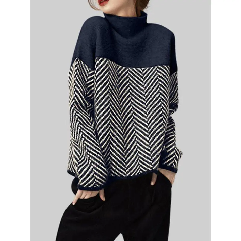 Women's High Neck Oversized Chevron Sweater, Herringbone Pullover Top, Loose Fit Long Sleeve Vintage Urban Casual Streetwear, Trendy Fall Winter Outfit, Stylish Spring Autumn Layering for Daily Wear, Work, Travel and Weekend Top Style
