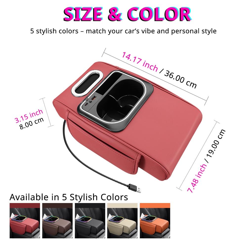 Car Multi-Functional Handrest Storage Cushion, Fast Charging Type C & Type a Dual Ports, Music Sync RGB Ambient Light, Easy Install, Car Armrest Box Accessories,  Car Console Organizer