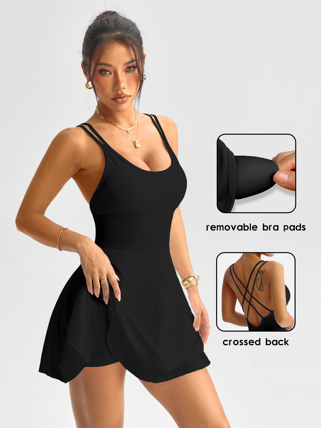 Women's Backless Criss Cross Sports Dress with Removable Pads, Mini Yoga Skirt, Fitted Above the Knee, Casual Tennis Dress, All Seasons
