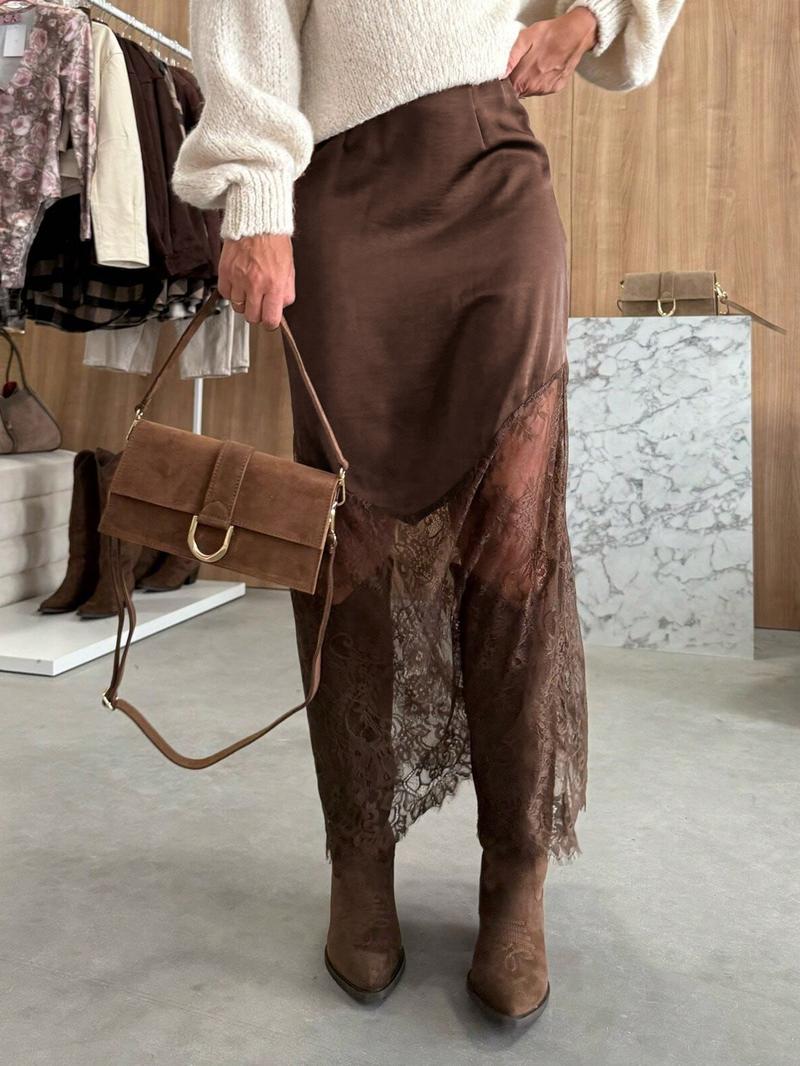 1 piece Valentine's Day Elegant Lace Patchwork Skirt, Knitted Fabric, Pure Color, Fitted , Daily Wear, Suitable for Spring and Summer