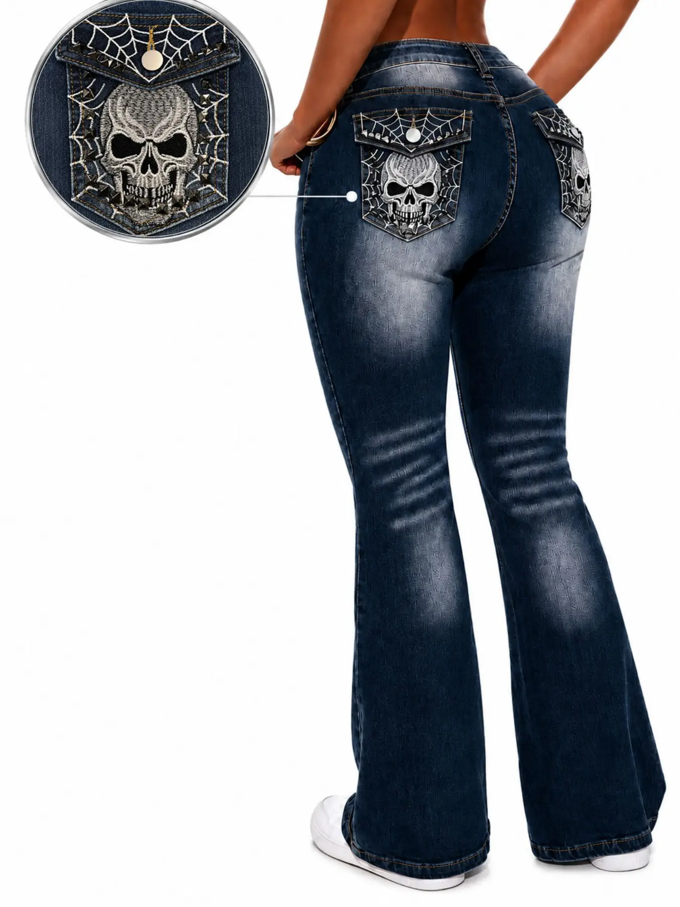Women’s Low Rise Gothic Flare Jeans, Skull Spider Web Embroidered Pocket Y2K Denim Pants for Halloween Parties, Concerts, Festivals, Clubs and Streetwear, Denim Flared Pants