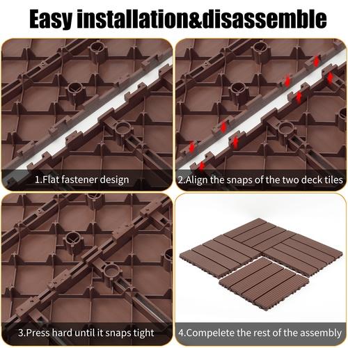 Plastic interlocking decking tiles, 44 packs of terrace decking tiles, 12"x 12"waterproof for all-weather use, backyard pool decking tiles, Brown